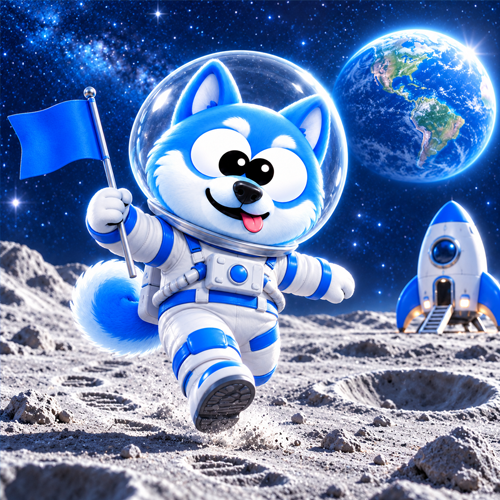 GomoDoge in a blue spacesuit planting a flag on the Moon, Earth behind him