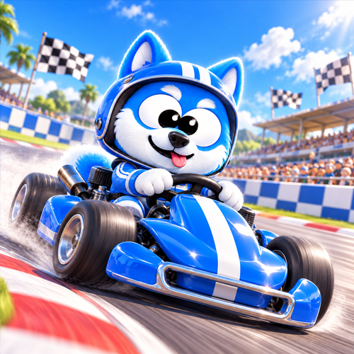 GomoDoge racing a blue and white go-kart on a sunny track
