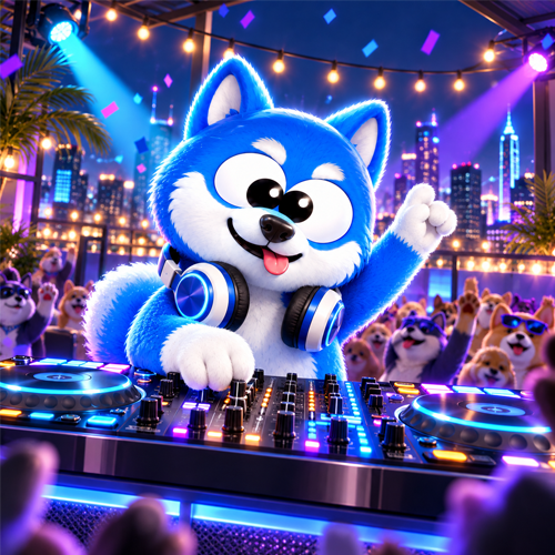 GomoDoge DJing on a rooftop while a pack of dogs cheers